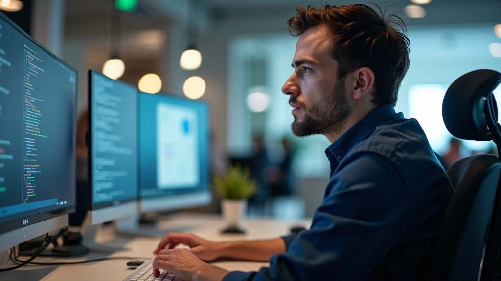 Dizaineris analizuoja HTML kodą savo kompiuteryje, atidžiai žiūrėdamas į semantic žymas ir aria atributus