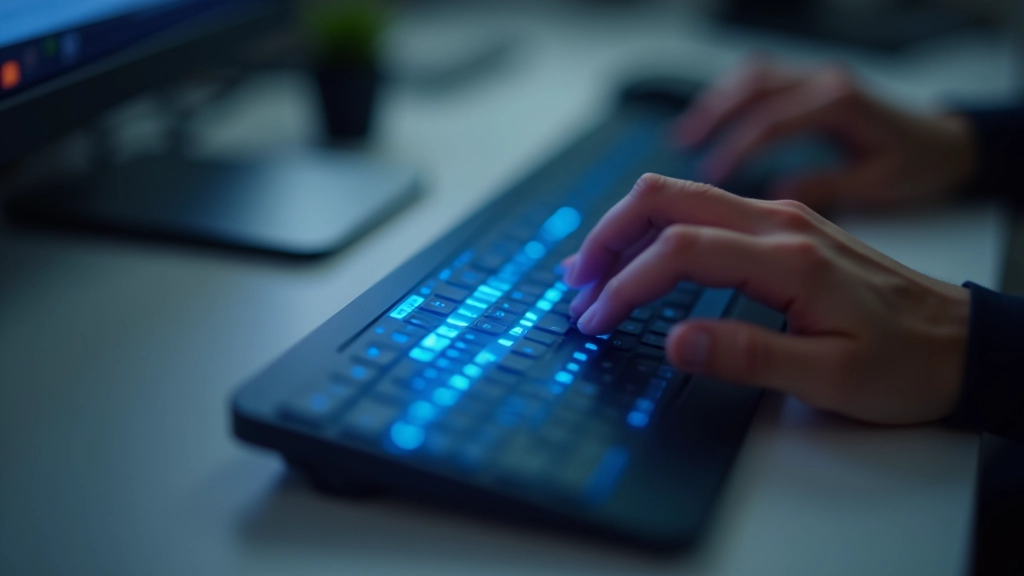 Žmogus tiesia ranką prie kompiuterio klaviatūros, kuri didelis mėlynas Tab raktas šviečia